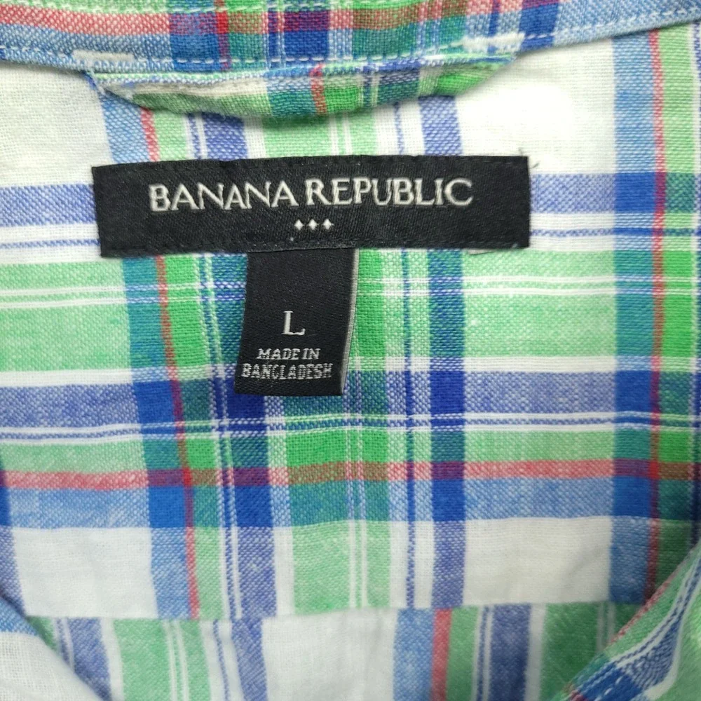 Banana Republic Mens Button Down Shirt L‎ Roll Tab Plaid Linen Cotton Blend